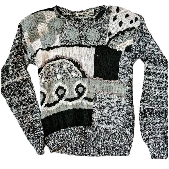 Vintage 80s Textured Sweater 3d Women S Black White Gray Stripe Ramie Knit Top - Picture 2 of 11